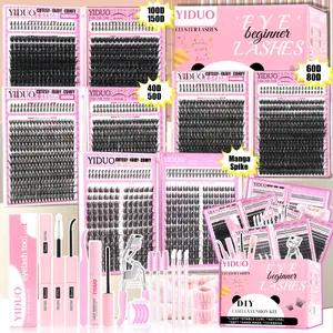 Eyelash Cluster Gift Kit(1952/1693 Pcs) 40D-300D&Spikes&Bottom D- Curvature Cluster Eyelash Extension Kit with Adhesive、Eyelash curler and Eye Makeup Tools, 2 Mixed-Style False Eyelash Kit for Easy DIY at Home, DIY Eyelash Clusters