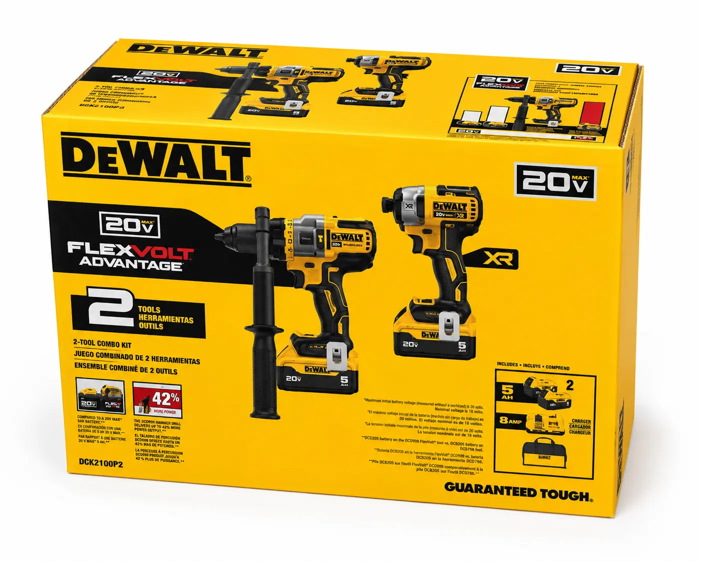 DEWALT 20V MAX XR Brushless 2-Tool Combo Kit (DCK2100P2) – Hammer Drill, Impact Driver, (2) 5Ah Batteries, 8A Fast Charger & Carry Bag