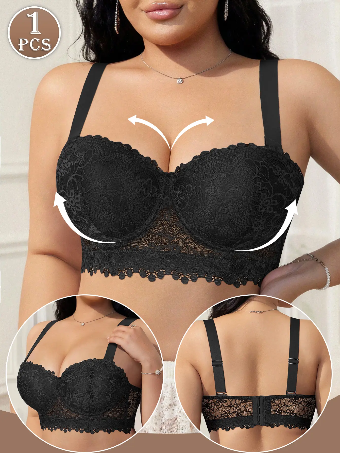 Plus Size Women's Floral Lace Push-Up Underwire Minimizer Bra, Elegant Sexy Slimming Bras, Full Support, Adjustable Wide Straps, Side Lift, Anti-Sag, U-Back, Soft Comfortable Breathable, Everyday Holiday Summer Outfits, SummerWins, DealsForYouDays