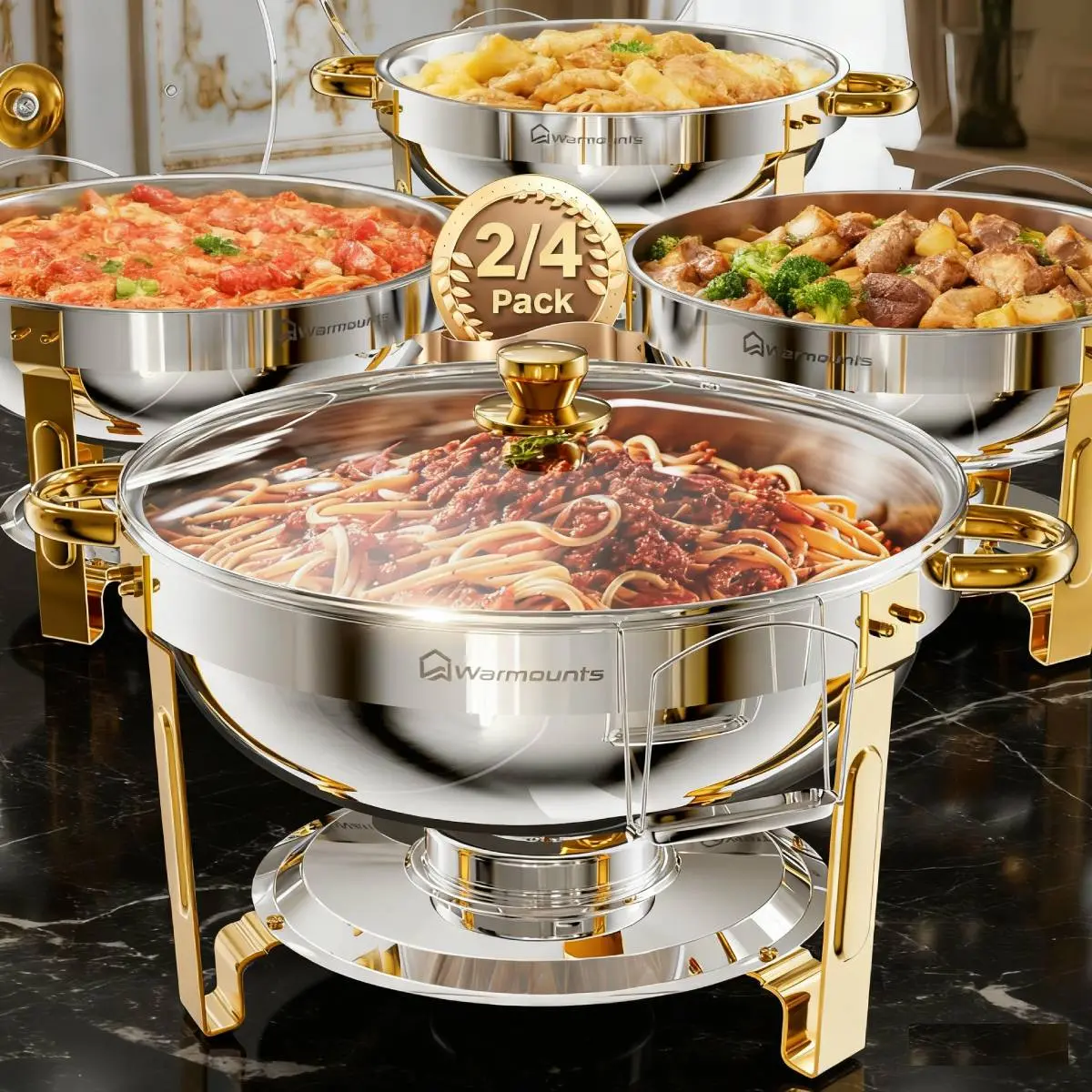 [tiktokshopstockup] WARMOUNTS Gold Accent Stainless Steel Chafing Dish Buffet Tableware Set - 5qt Size, 2/4/6 Pack Serve, Round Hot Casserole Dishes with Glass Lid, Lid Holder & Vent Holes, Large Volume Bakeware for Weddings, Catering Events,sohochic