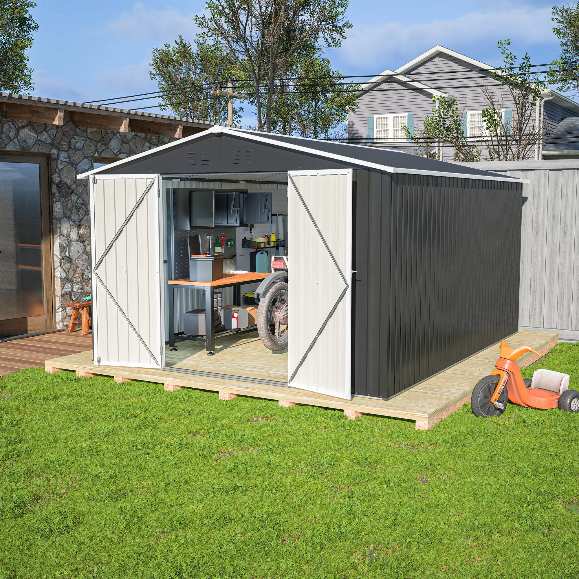 10x12 FT Galvanized Steel Outdoor Storage Shed - Durable Metal Unit with Enhanced Structural Integrity, Updated Frame, Lockable Doors, Ventilated, Ample Storage Space, 118.03in L x 145.94in W x 79.13in H for Backyards, Patios