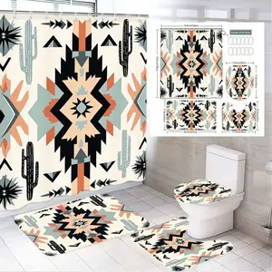 1/4pcs Southwestern Cactus Beige Shower Curtain Set, Bathroom Shower Curtain Sets, Bathroom Accessory, Black Orange Patterns, Toilet Seat Cover, 2 Bath Mats, Hooks Included, Bathroom Decoration Accessories, Southwestern Style Bathroom