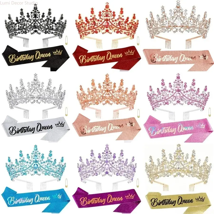 Baroque Rhinestone Birthday Queen Tiara & Sash Set – Glitter Crystal Crown with Birthday Queen Sash, Elegant Party Accessory Kit for Women’s Birthday Celebrations, Bachelorette Parties & Photo Shoots