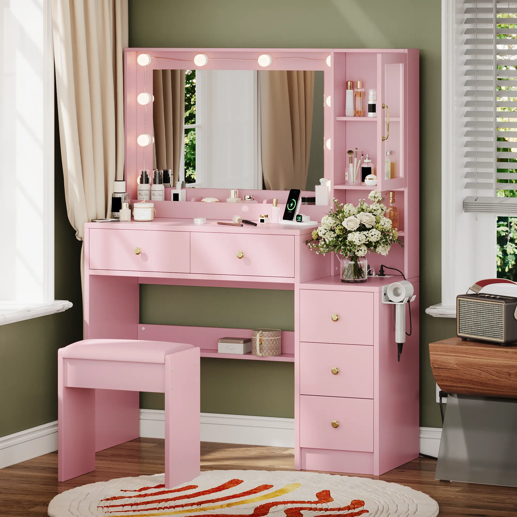 TOKSOM Vanity Desk with Mirror and Replaceable Lights Set with 5 Storage Drawers Power Outlet & Chair with RGB Ambient Light Adjustable Brightness for Girls Bedroom Large Corner Desk Vanity Makeup Vanity Desk vanity mirror White