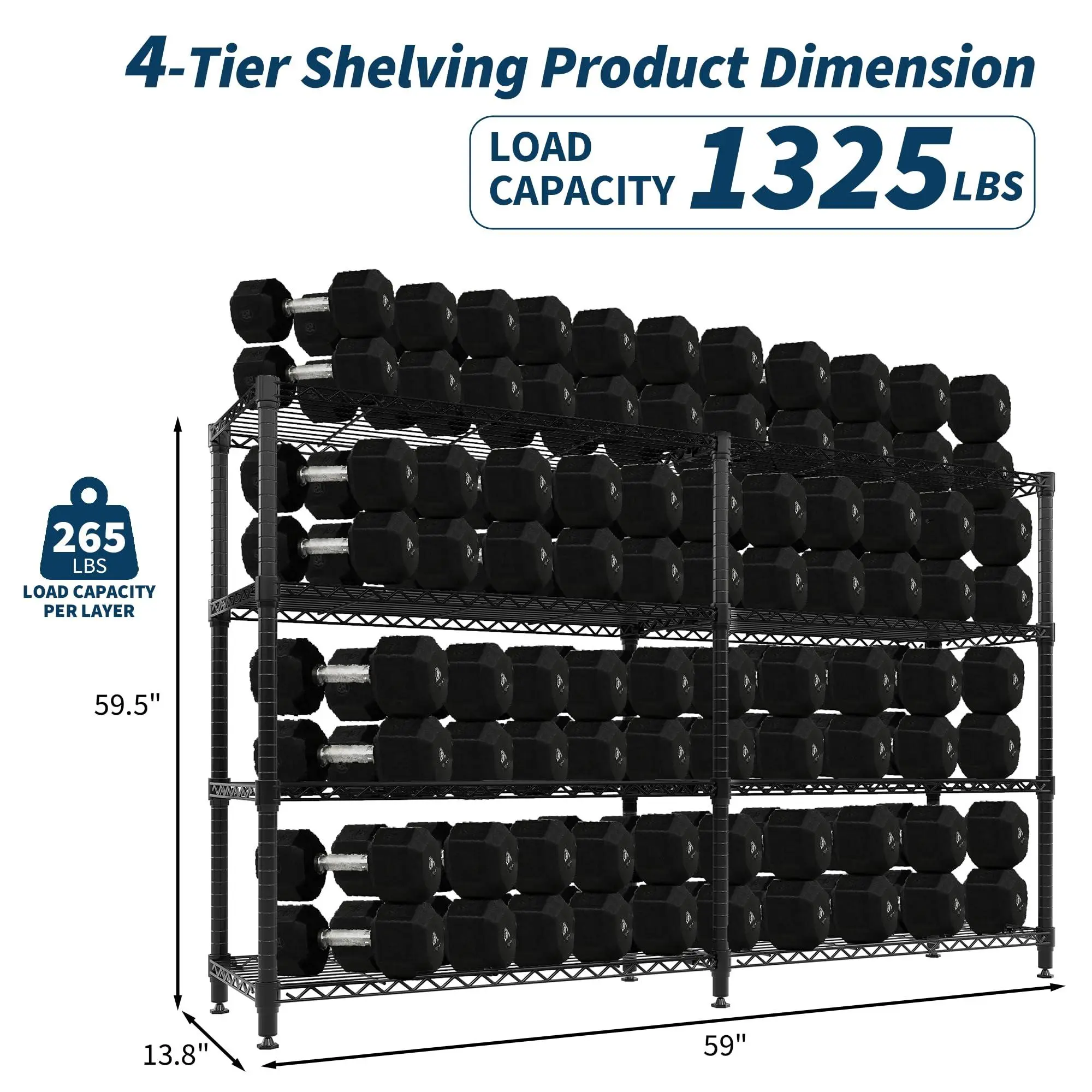 4-Tier Metal Shelving Unit, Adjustable Heavy Duty Storage Shelves for Garage, Basement, Kitchen, and Pantry Organization, Easy Assembly, 59" W x 59.5" H x13.8 D