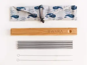 WARA Reusable Metal Straws with Cases - Portable Travel Set, Includes 4 Stainless Steel Drinking Straws + 1 Bamboo Case + 1 Whale Printed Cotton Pouch + 2 Cleaning Brushes