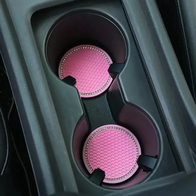 Glitter Rhinestone Decor Car Cup Coaster, Solid Color Round Car Cup Holder Mat, Universal Vehicle Interior Accessories for Women Girls