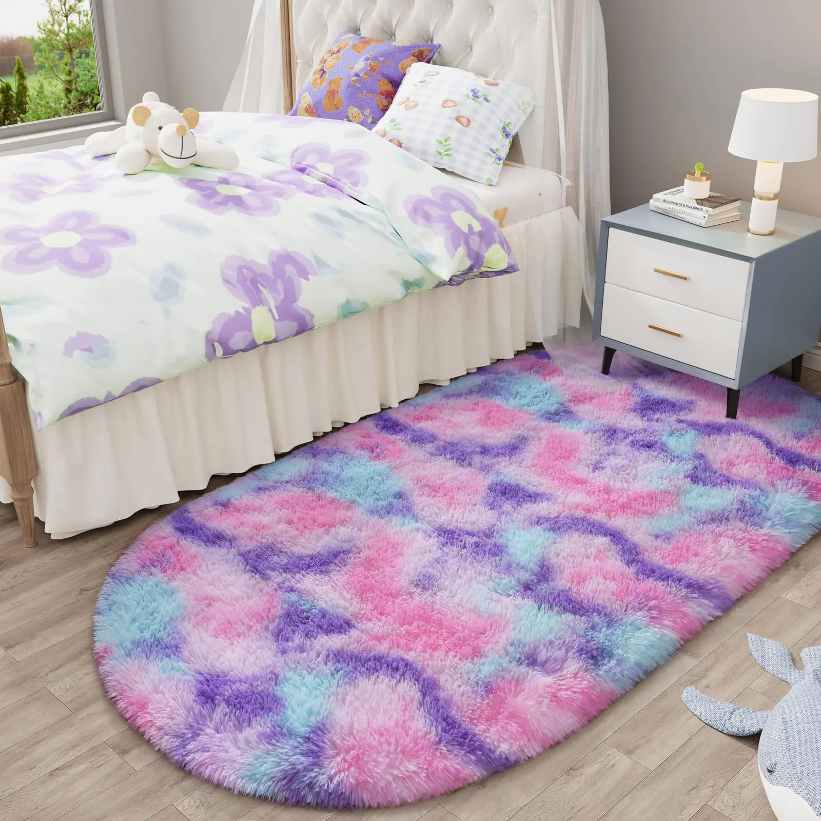Fluffy Soft Round-Oval Shaggy Multicolor Rug - Non-Slip Princess-Themed Kids-Safe Area Rug for Nursery Home Decor, Available in Rainbow, Pink-Purple, Blue-Purple, Sizes 2x5, 2.6x5.2, 5x5, 6x6 ft, Kids-Safe Area Rugs