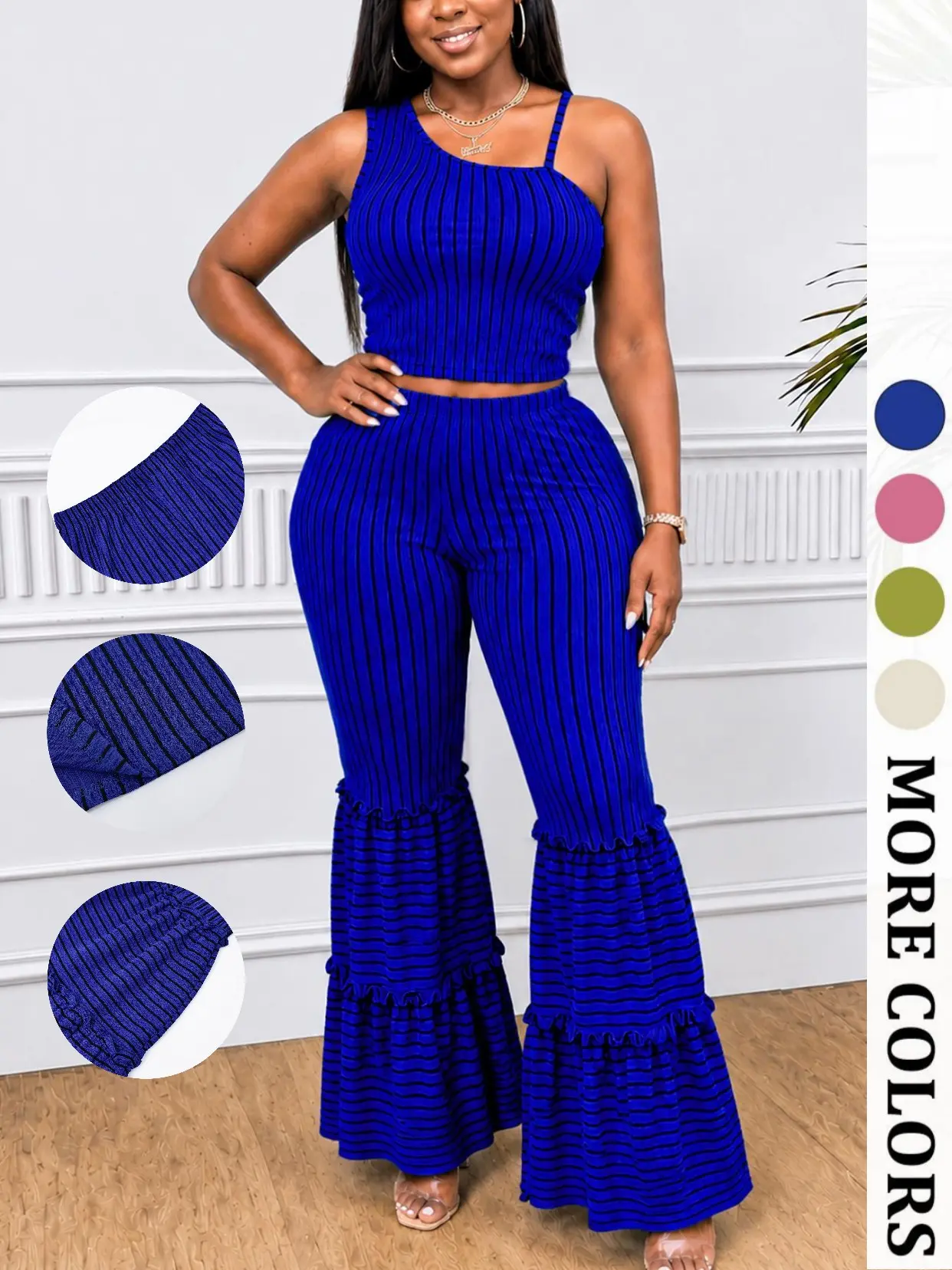 Women's Asymmetric One-Shoulder Crop Top & Tiered Flare Pants 2-Piece Set, Soft Elastic Fabric, Black Vertical Stripes, Four Colors Blue Pink Green Apricot, Elegant for Daily, Brunch & Party. Bohemia, Women's Clothes. Sleeveless Womenswear