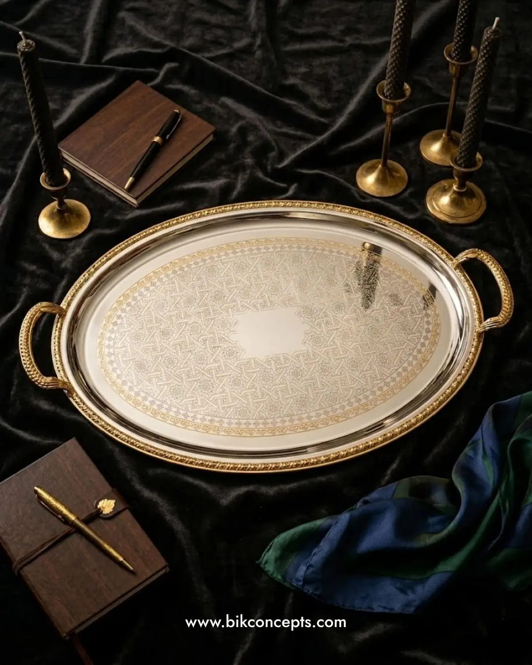 Metal Geometric Imperial Silver & Gold Oval Platter - Luxury Centerpiece Serving Tray for Kitchenware, Cutlery & Tableware Use