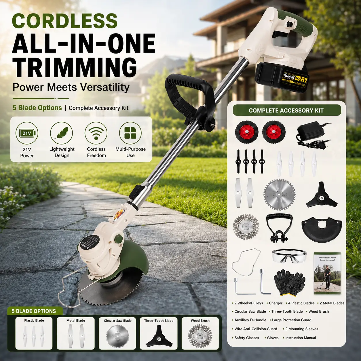 Cordless Electric Lawnmower with 1 Lithium-Ion Battery, Portable Handheld Grass Trimmer with 3 Interchangeable Blades, Garden Lawn Equipment