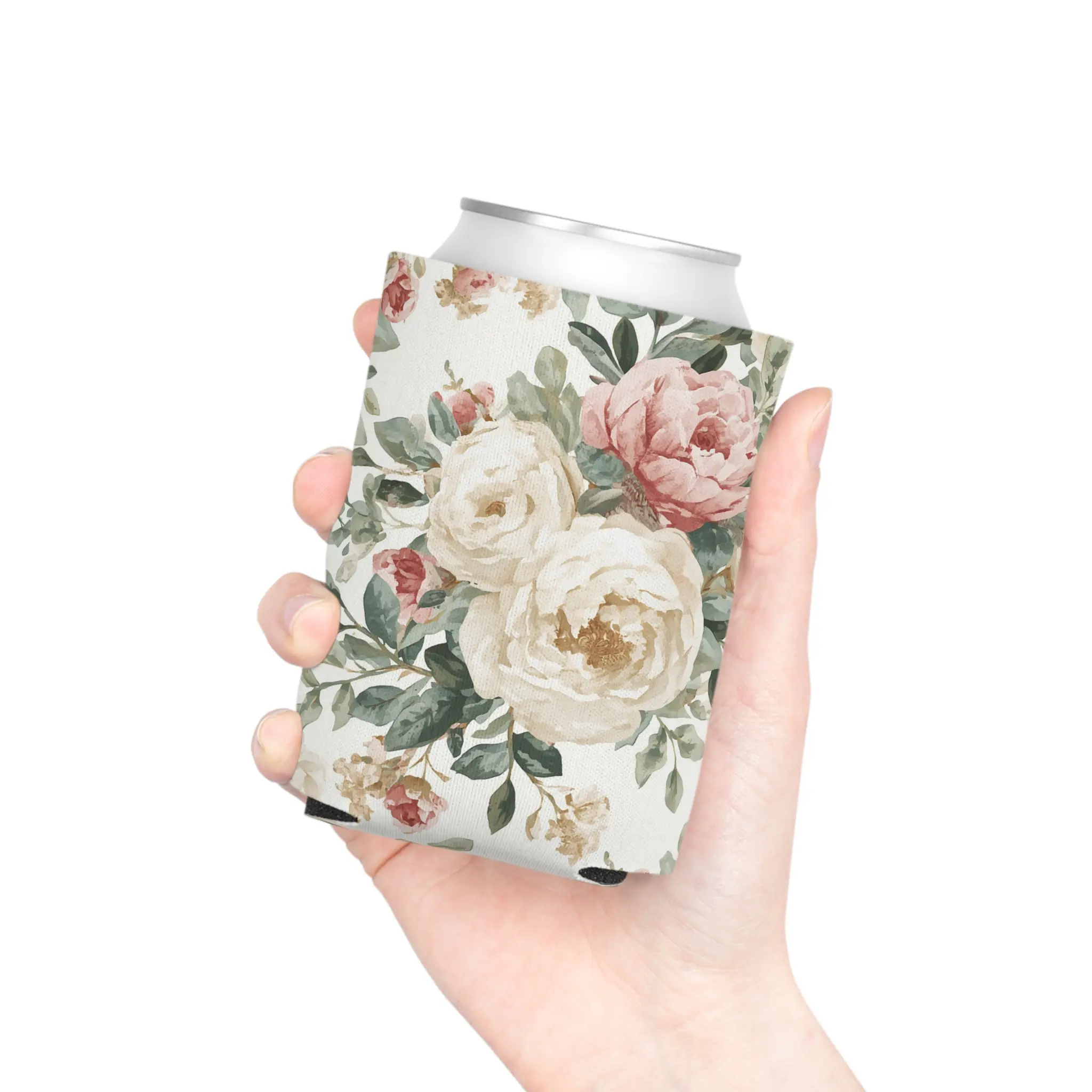 Vintage Rose Bouquet Can Cooler , Floral Beverage Koozie