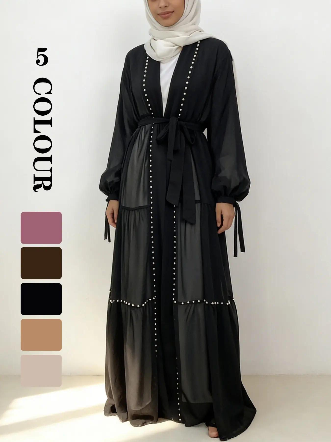 Women's Solid Color Beaded Decor Chiffon Round Neck Abayas, Muslim Dresses, Modest Clothes, Long Sleeve Tie Waist Maxi Dress for Daily Wear, Modest Muslim Clothing, Modest Islamic Clothing, for All Seasons [Does not include inner and hijab]