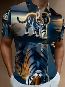 Men's Short Sleeve Polo Shirt with Tiger Print, Summer Fashion Casual Top, Trendy Design Men's Clothing