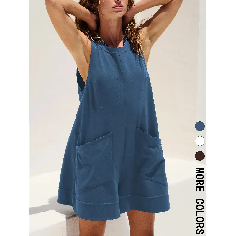 Women's Plain Sleeveless Pocket Romper, Casual Summer Daily Wear Women's Jumpsuit & Romper Clothing
