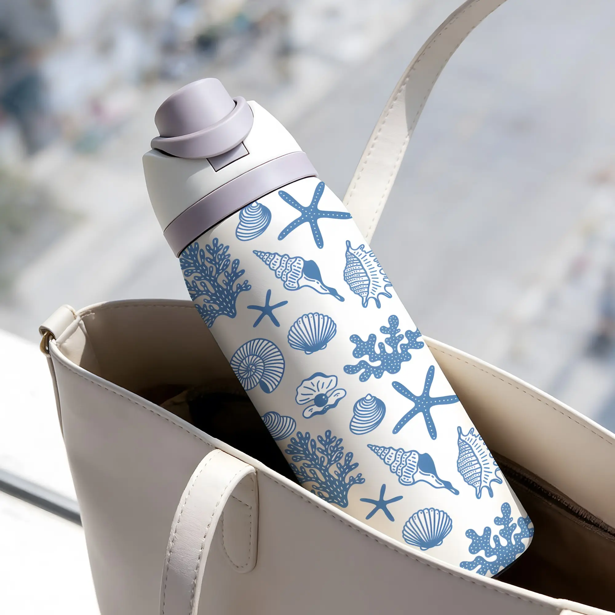 32oz Dual-Use Sports Water Bottle, Blue Coral Shell Print, 304 Stainless Steel Large Capacity Insulated Cup, Perfect Gift for Women, Thermal Flask, Insulated Travel Drinkware, Hydration Tumbler, Insulated Bottles