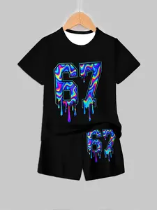 Shiny Oil Digital Print Liquid Drip Short Sleeve Shorts Set, Street Style Casual Kids Clothing, Unique Trendy Fashion