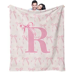 Pink bow letter pattern, suitable for children and adults' holiday birthday gifts, soft, warm and lightweight plush blanket, suitable for bed, sofa, car, room decoration, Letter Print Blanket