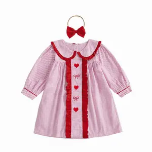 Canrulo Toddler Baby Girl Valentine's Day Dress Plaid Print Dresses Long Sleeve Doll Collar Kids Smocked Valentines Dress