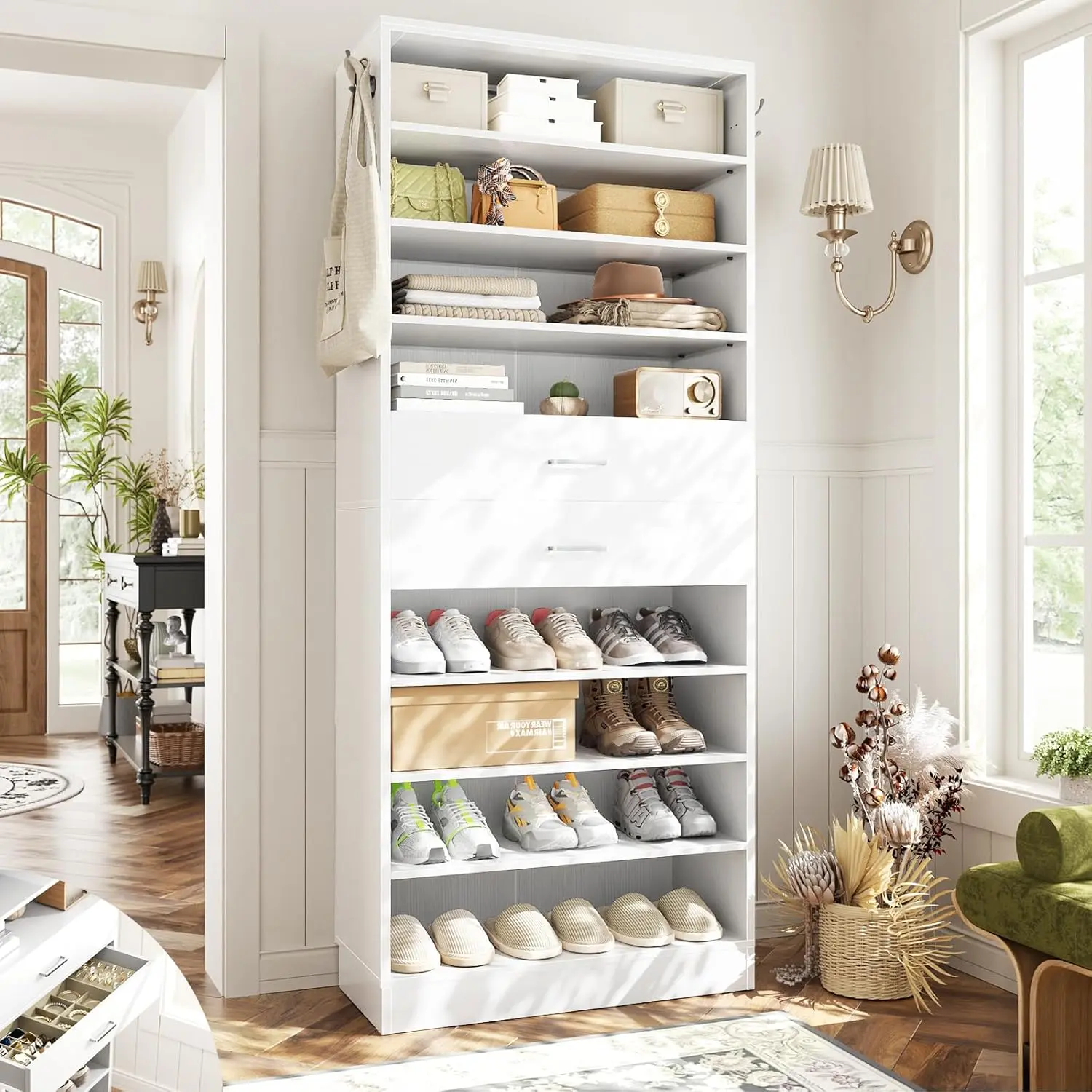 26'' Wood Shoe Cabinet with 2 Drawers – 10 Tiers Vertical Shoe Rack tower Holds 24-28 Pairs, Narrow display Storage    Cabinet  for Closet Entryway Bedroom home furniture