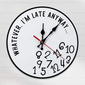 Whatever I'm Late Anyway Funny Wall Clock, 12 Inch & 10 Inch Silent Non-Ticking Round Wooden Clock, Novelty Irregular Number Wall Clock for Home Office Kitchen Decor