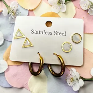 Stainless Steel Earrings Set - white Triangle & Hoop Designs for Women - Durable & Stylish Jewelry Accessories