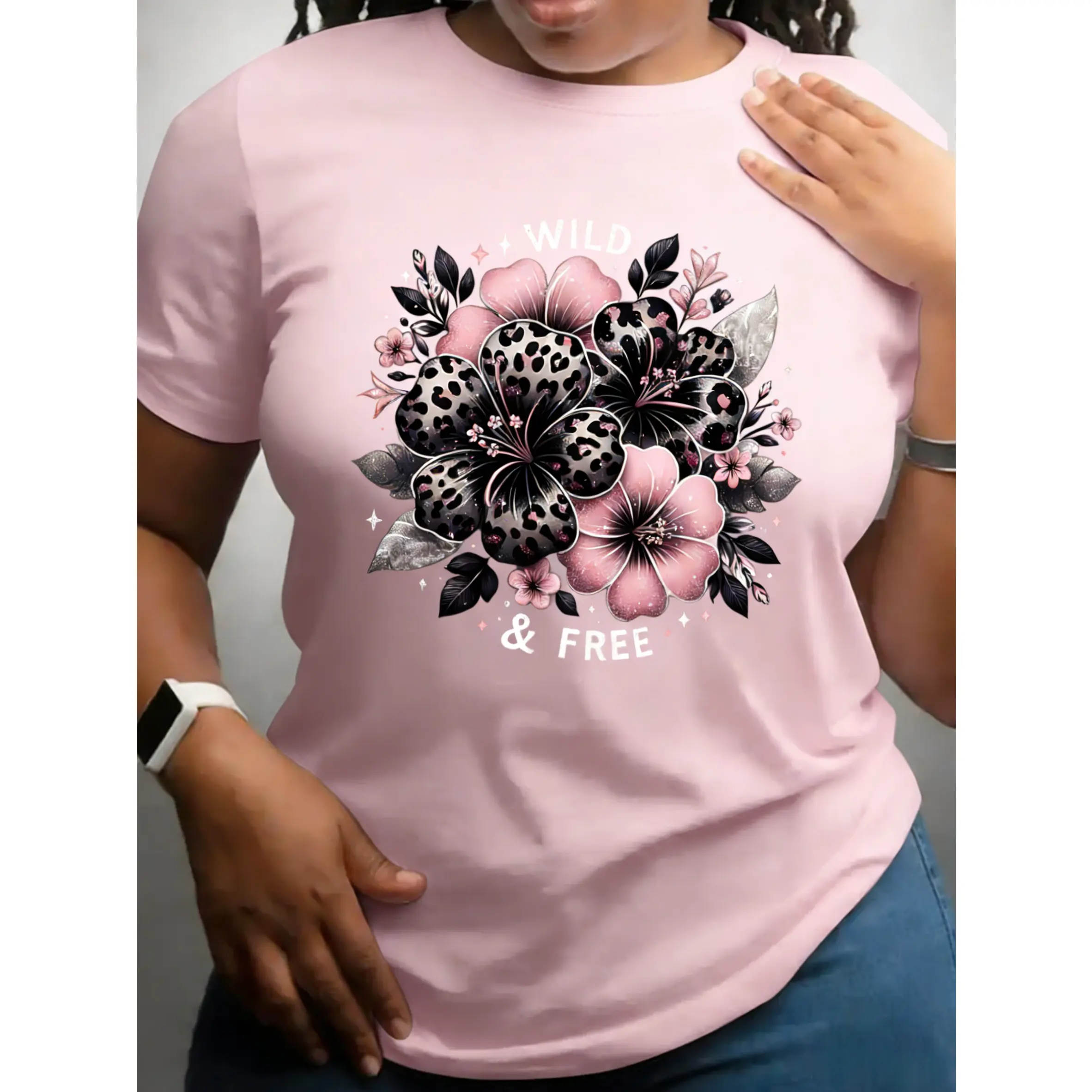 Women's 100% Pure Cotton Floral Graphic Short Sleeve Top - Streetwear, Smooth Fabric, Fitted Round Neck, Comfortable, Oversized Option, Multiple Colors