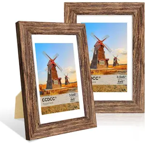 4x6 Picture Frame Set of 2, 4 x 6 Wood Photo Frames with Mat for 3.5x5, Natural Wooden Frame with Real Glass Cover for Wall and Tabletop Display,Rustic Brown