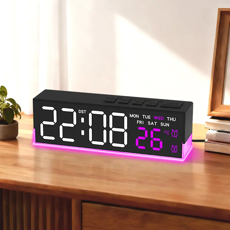 School Clock 7 inch Digital Desk Clock with Auto-Dimming & U-Shape RGB Ambient Light, Countdown Timer, Dual Alarms, Temperature (F°/C°) & Humidity, Date Display for Office, Bedroom, Gift clock lighter