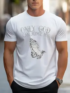ONLY GOD CAN JUDGE ME Statement Graphic Tee - Distressed Print with Detailed Praying Hands Motif in Black & White,Men's and women's style. Sports T-shirt. Basic layering. Lightweight and breathable.