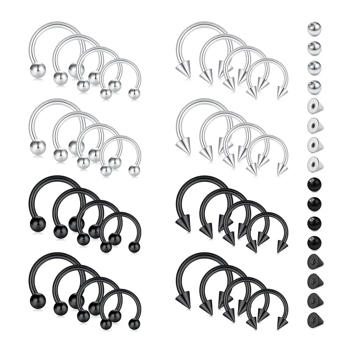 Horseshoe Piercing Jewelry, 32-Piece 14G & 16G Stainless Steel Hoop Rings with Balls & Spikes for Septum, Nose, Tragus, Lip, Piercing Earrings, Nose Piercing