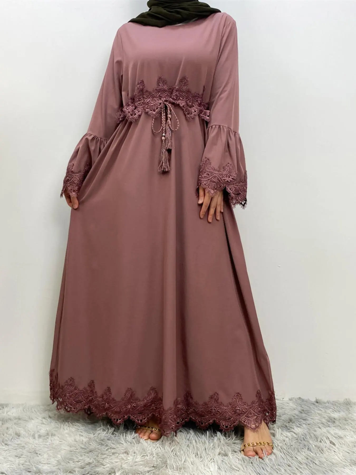 Women's Plain Lace Trim Islamic Dress, Modest Style Flounce Sleeve Round Neck Dress for Party Wedding Guest, Ladies Clothes for All Seasons