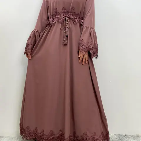 Women's Plain Lace Trim Islamic Modest Dresses Flounce Sleeve Round Neck Dress for Party Wedding Guest, Ladies Clothes for All Seasons