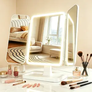 ZeroHome LED Makeup Mirror with Lights, Trifold Vanity Mirror with 2X/3X Magnification, 3 Color Modes, Height Adjustable, Portable Travel Makeup Mirror for Women