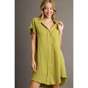 Umgee Full Size Raw Hem Button Down Short Sleeve Gauze Shirt Dress Plus Size