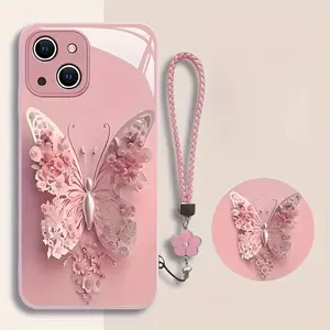Pink Butterfly Suitable for iPhone 15 Pro Max Shockproof Cute 14 Plus Glass 13 Full Coverage 12 Couple Phone Case 11 with Lanyard