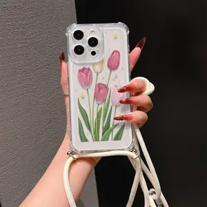 Convenient Lanyard Phone Case with Adjustable Strap and Crossbody Shoulder Strap, Transparent Tulip Painted, Tpu Anti-Drop Protection, Shockproof Phone Cover