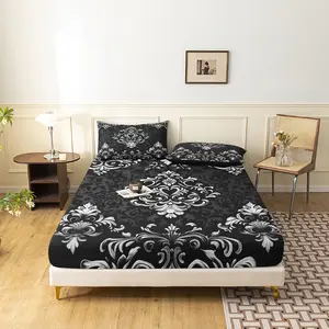 3pcs Set Classic European Fitted Sheet, Black White Floral Printing Bedding, for Themed Hotel and Dorm Decoration Floral Bed Sheets (1 Fitted Sheet + 2 Pillowcases No Comforter No Pillow)