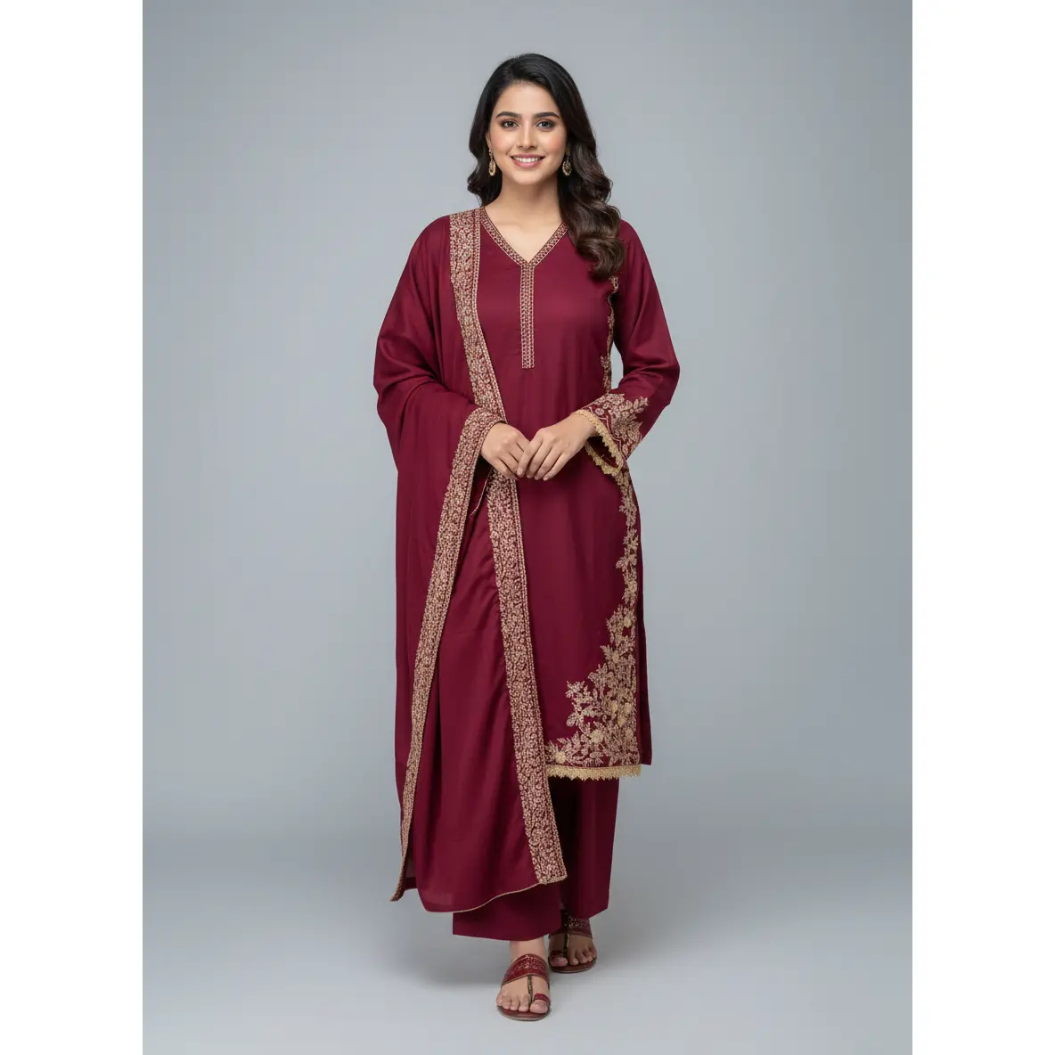 Women's Traditional 3-Piece Dhanak Dress Set - Colorful Ethnic Outfit with Embroidered with Detailed Patterns Qameez, Plazo Included & Shawl, Contemporary Twist Attire, Elegant Fabric, Holiday Casual Wear