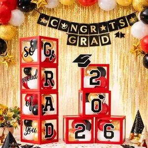 2026 graduation season red and black transparent balloon box decoration, including mortarboard and letter cards, suitable for graduation parties, classroom evening scene arrangements, and photo prop, Graduation Gift