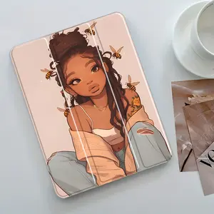Vibrant Girl & Bees Illustration Pattern Design iPad Case, Transparent Acrylic Stand Cover, Pencil Holder & Charger Slot, Fits iPad Pro/air/mini, Perfect Gift Shock-resistant Full Cover Protective Case Suitable for Offices Schools and Homes, Tablet Cover