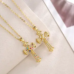 14K Gold-Plated Jesus Cross Pendant Necklace with Sparkling Accents Elegant Religious Jewelry for Thanksgiving Graduation Gifts and Daily Wear