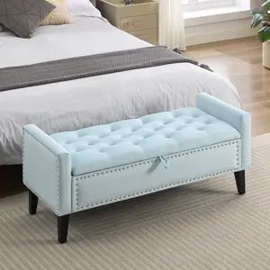 47" Velvet Storage Bench, Upholstered Bed Bench with Storage, End of Bed Ottoman with Wooden Legs, Bedside Storage Bench for Bedroom, Living Room, or Entryway