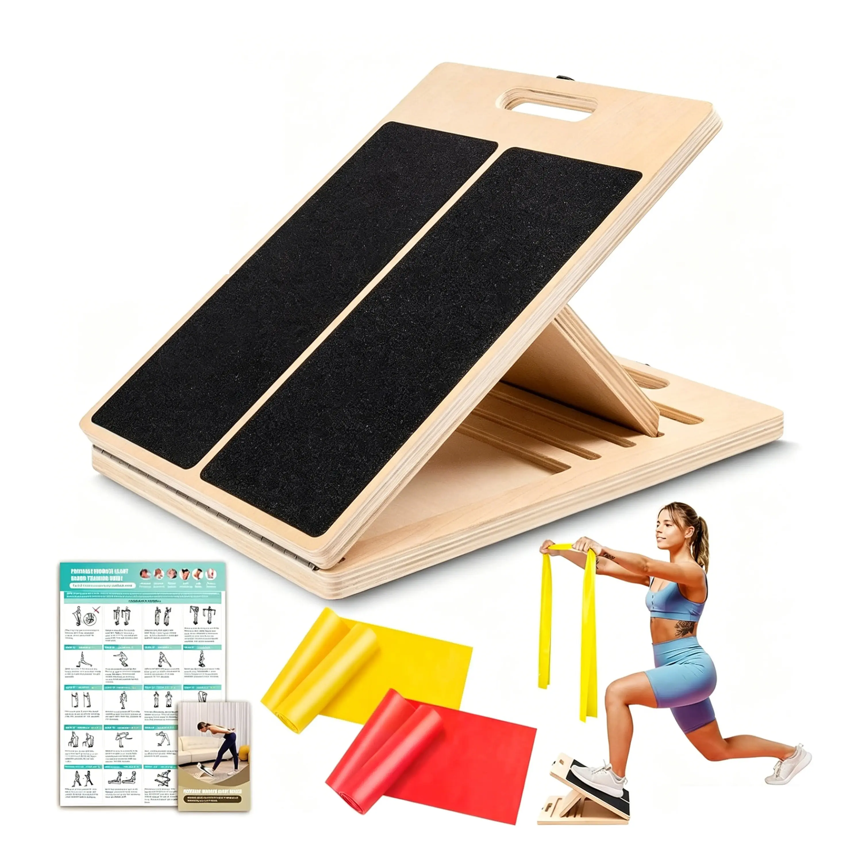 slant board calf stretching calf stretcher wooden adjustable portable incline board legs physical therapy 5 adjustable angles non slip surface foldable with 2 resistance bands training poster 300lbs capacity for squat pilates foot ankle relief
