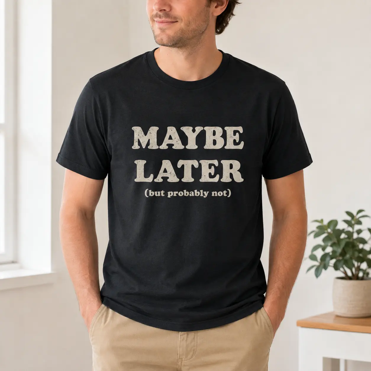 Maybe Later But Probably Not T-Shirt, Funny Procrastination Graphic Tee, Sarcastic Humor Shirt for Men, Casual Everyday Gift