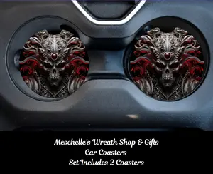 Gothic Creature Car Coasters, 2 Pack Size, Neoprene/Ceramic Material, Sublimated Print, Easy Installation, Protect Cups, Stylish Functional Car Interior Decoration Accessory