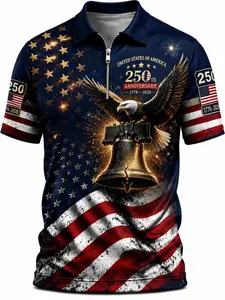 Patriotic American Flag Polo Shirt for Men, Declaration of Independence,Multiple colors 250th Anniversary 1776-2026, Sporty Fitted Design, Ideal for 4th of July Gifts Zippered Polo, Sporty Polo Shirts