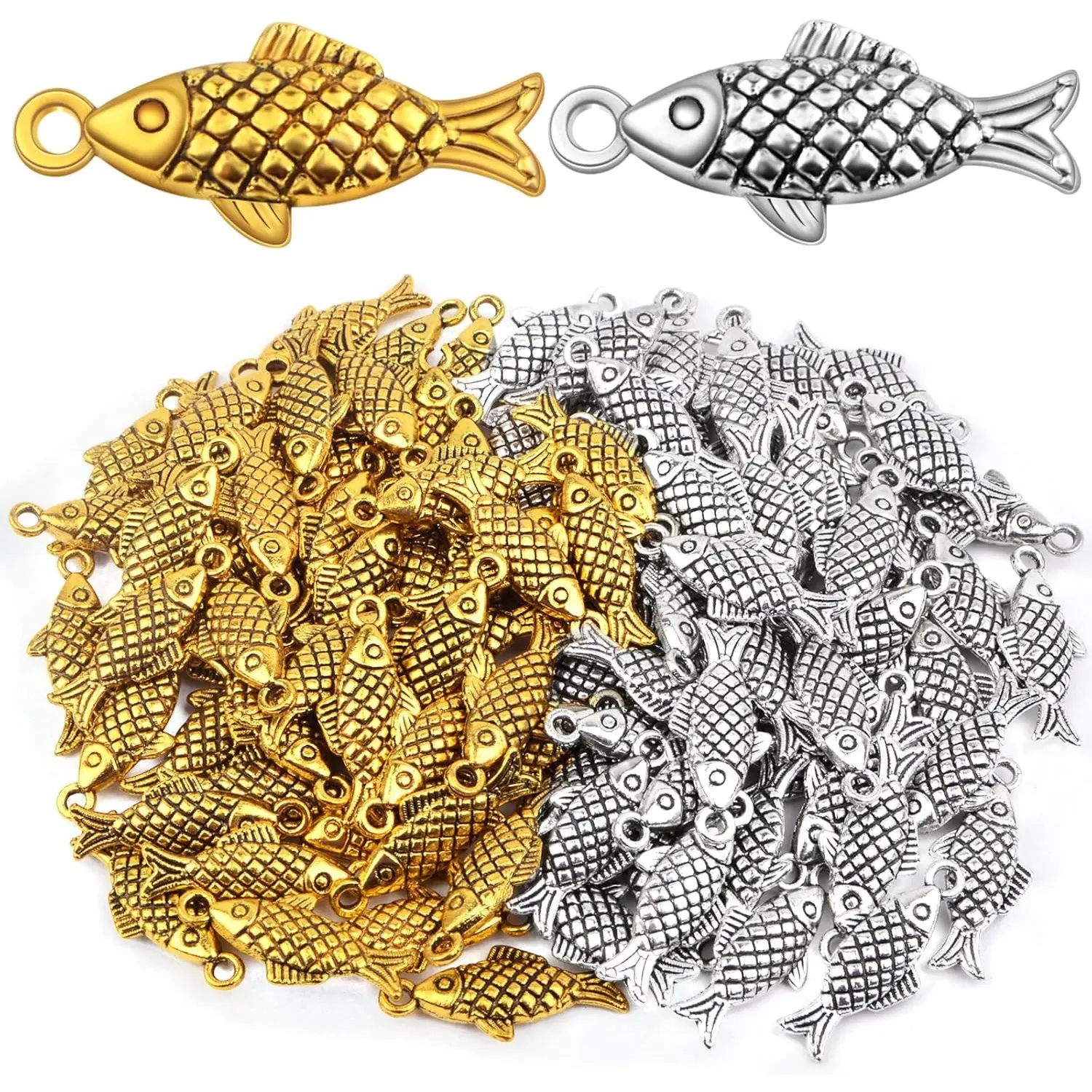 100pcs Alloy Ocean Fish Pendant Charms Tibetan Style Sea Animal Fishing Pendants Craft Supplies for DIY Necklace Bracelet Earrings Jewelry Making, 2 Colors
