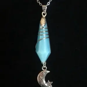 Sky Blue Glow-in-the-Dark  Wire Wrapped Pendulum Pendant – Moon & Stars charm Necklace