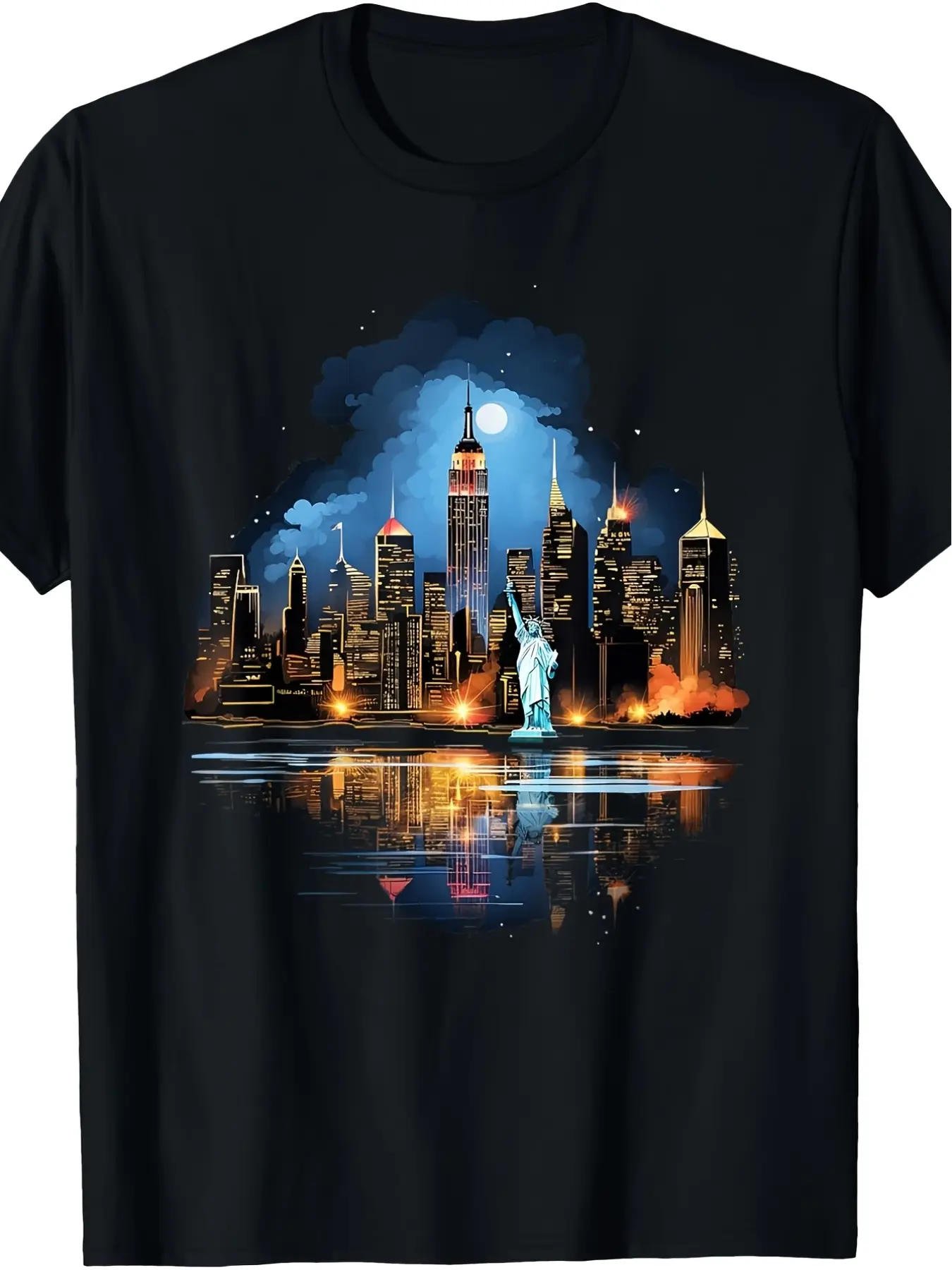 T-Shirt Featuring The Downtown Skyline And Statue unisex soft cotton short sleeve t shirt, vintage graphic casual tee for men women teens, perfect birthday holiday gift for camping travel gym daily street  wear